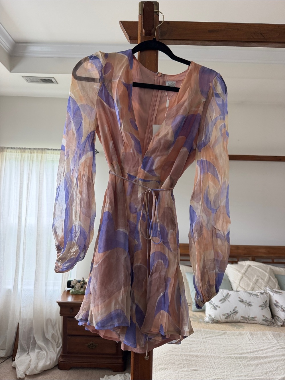 Selfie Leslie Nude and Lavender Sheer Long-Sleeve V-Neckline Dress
